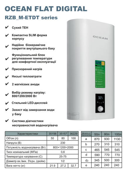 Бойлер OCEAN FLAT 50л 2,0 КВт плоский бак 2 сухих тэна KA 30347 фото